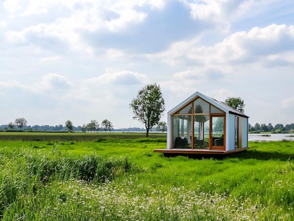 Tinyhouse in een een weiland